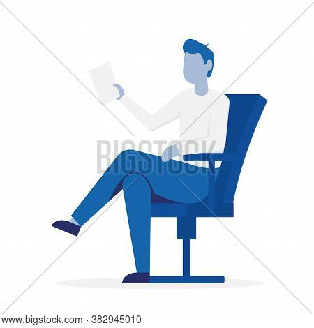 Man Sitting On A Office Chair And Holding Document. Side View. Flat Cartoon Vector Color Illustratio