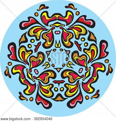 Multicoloured Symmetrical Elements On Blue Circle, Isolated On White Background. Bright Decorative O