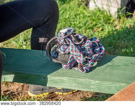 The Time Competition For The Connection Of A Horse Halter. Small Horse Riders Test And Challenge