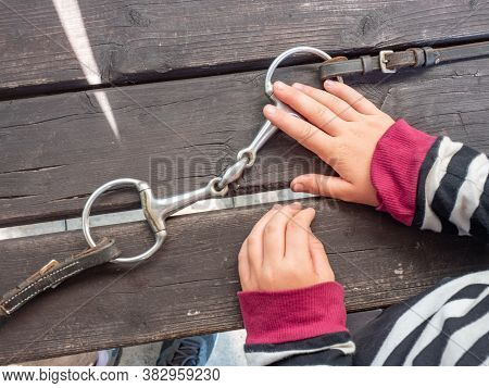 Girl Preparing Steel Horse Snaffle-bit On Wooden Table At Stable.