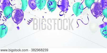 Birthday Card With Purple Balloons And Confetti On Backgr