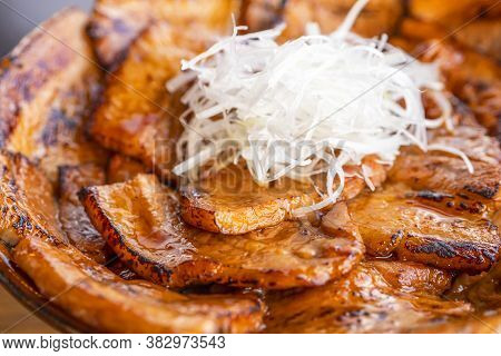 Selective Focus Of Grilled Pork Rice Bowl / Butadon In The Restaurant (japanese Food)