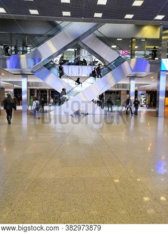 Moscow - April 2019: Glowing Escalators In Shopping Center European, Moscow, Russia. Unusual Triangu