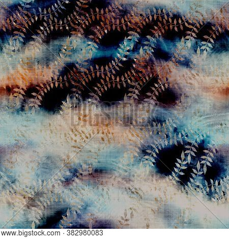 Blurry Watercolor Glitch Creative Foliage Texture Background. Irregular Bleeding Tie Dye Seamless Pa
