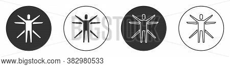 Black Vitruvian Man By Leonardo Da Vinci Icon Isolated On White Background. Human Anatomy. Circle Bu