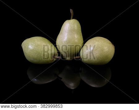 Green Ripe Pear On A Black Background. Bera Pear Variety, Large Fruits. Autumn Fruits.