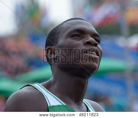 DONETSK, UKRAINE - JULY 12: Ejowvokoghene Divine Oduduru of Nigeria after the heat in 200 metres during 8th IAAF World Youth Championships in Donetsk, Ukraine on July 12, 2013