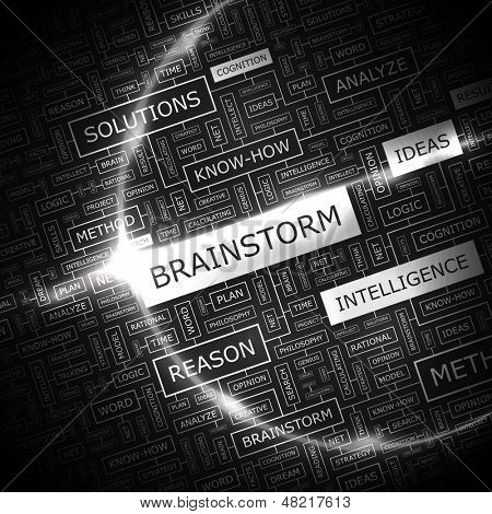 BRAINSTORMING. Ilustrace koncept slovo mrak. Grafické značky kolekce. Wordcloud koláž s související 