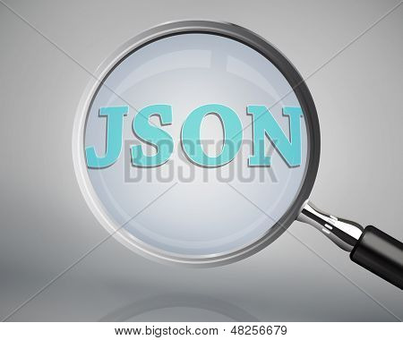 Zvětšovací sklo zobrazeno slovo json na šedém pozadí