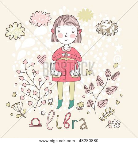 Hübsch Sternzeichen - Waage. Vektor-Illustration. Kleines Mädchen auf rosa Pferd Reiten und schießen Pfeile.