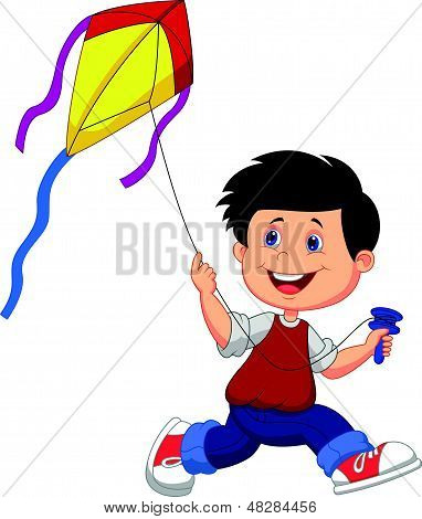 Cartoon jongen spelen kite