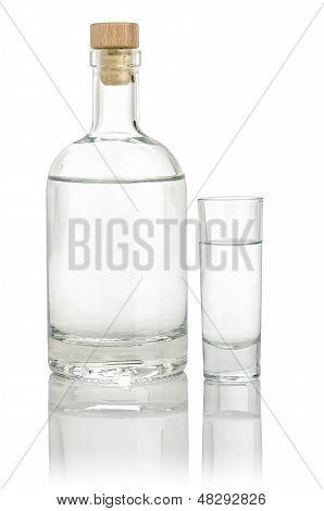 Spiritus flaske med en fuld shot glas