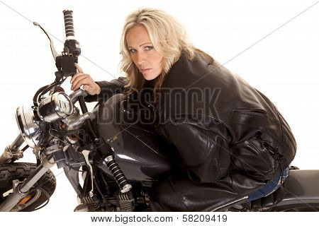 Woman Leaning On A Motorcycle Tank Look Up Smile