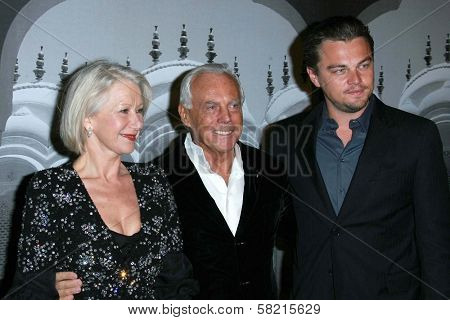 Helen Mirren with Giorgio Armani and Leonardo DiCaprio at the Giorgio Armani Prive Show to celebrate the Oscars. Green Acres, Los Angeles, CA. 02-24-07