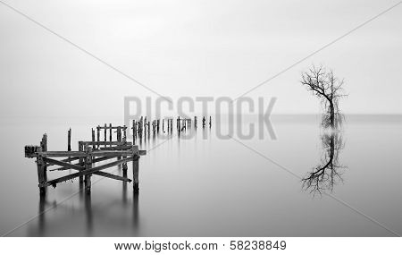 Fine Art Landscape Image Of Derelict Pier In Milky Long Exposure Seascape