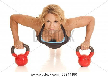 Mature Woman Pushup Front Kettle Bells Looking