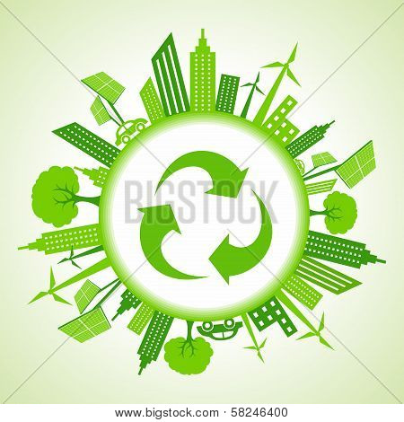 Eco cityscape around a recycle icon