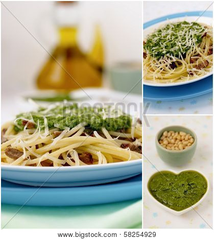 Italian pasta collage with pesto sauce.