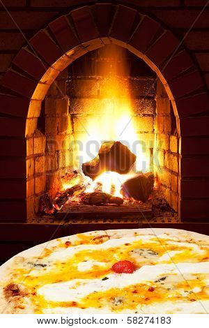 Pizza Quatro Formaggi And Open Fire In Stove