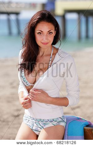 Woman posing in a bikini and sweater