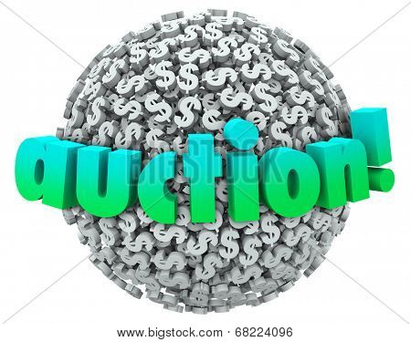 Auction word on a ball or sphere of dollar signs or symbols as a winning bidder buys 