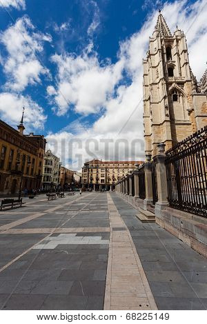 Cityscape Of Leon With Gotich Cathedral And Pedrestrian Square