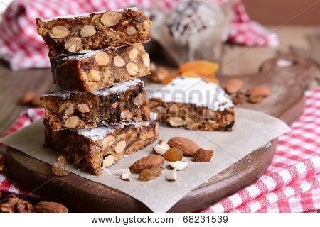 Delicious cake panforte on table close-up
