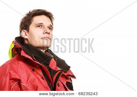 Young Man Sailor In Red Wind Jacket. Sailing.