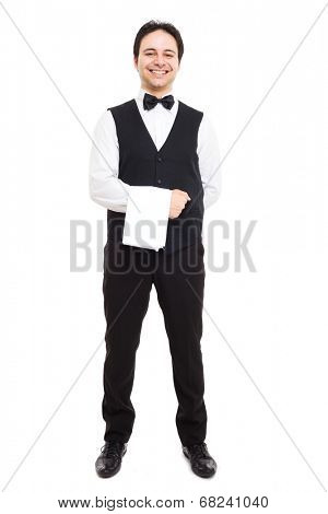 Full length portrait of a professional smiling waiter