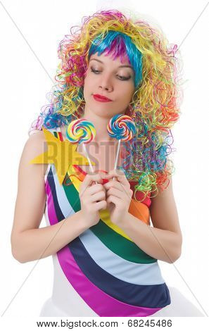 Pretty girl with lollypops isolated on white