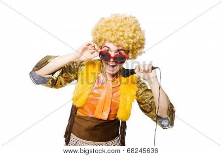Man with afrocut and mic isolated on white