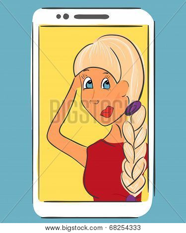 Selfie of blond girl. Handdrawn vector illustration on blue background