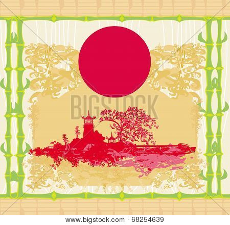 Abstract Card With Asian Buildings, Vintege Frame