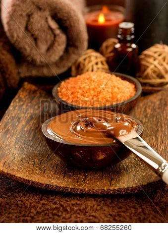 Chocolate Spa set. Spa treatment in beauty salon closeup