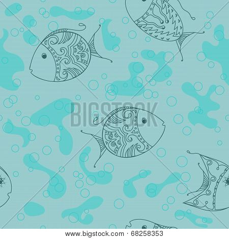 Seamless pattern with fishes and bubbles