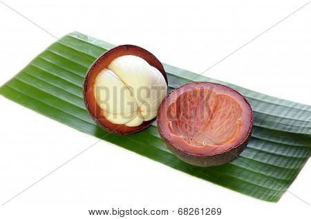 Mangosteen on banana leaf