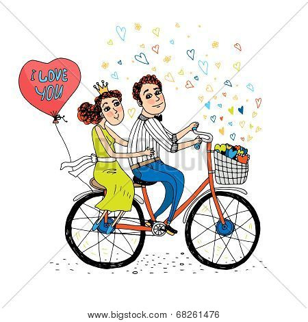 Two young lovers riding a tandem bicycle