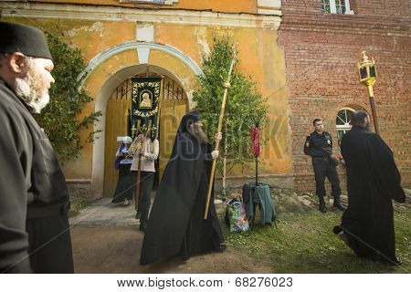 KRASNY BRONEVIK, RUSSIA - JULY 7, 2014: Celebrations commemorating the Rev. Anthony Dymsky (died 1224) in Antony Dymsky Monastery - Procession on Lake Dymsky, the great blessing of water and bathing.