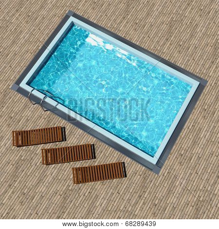 Swimming pool with wooden deck top view