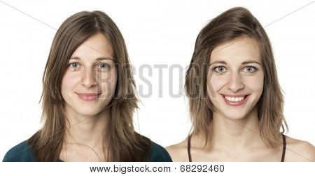 set of two portraits of the same young woman, one before and the other after putting on make-up