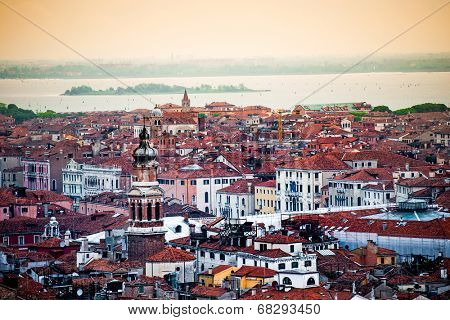 Aerial view of Venice. Houses, sea and palases from San Marco tower