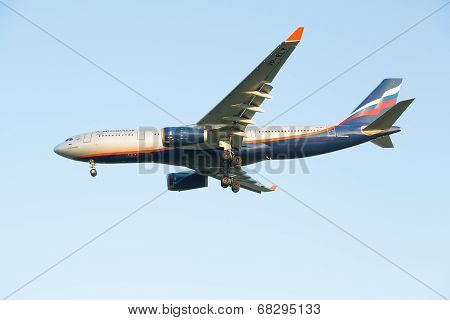 The airline Airbus-A330 plane Aeroflot comes in the land at the Sheremetyevo airport