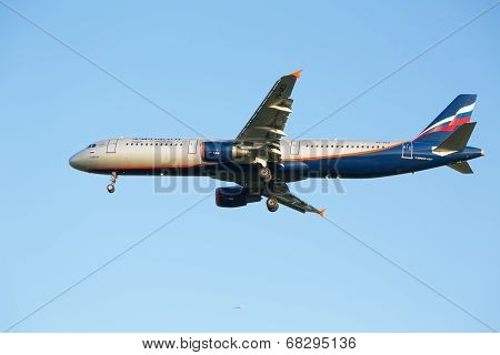 The airline Airbus A321 plane Aeroflot sits down at the Sheremetyevo airport
