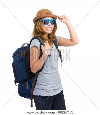 Asian woman with backapack and sunglasses