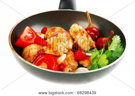 chicken brisket slices on black teflon pan