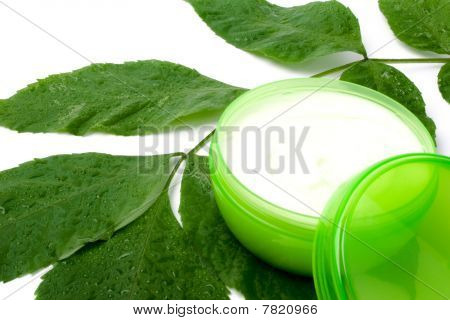 Crema per il viso con foglia verde