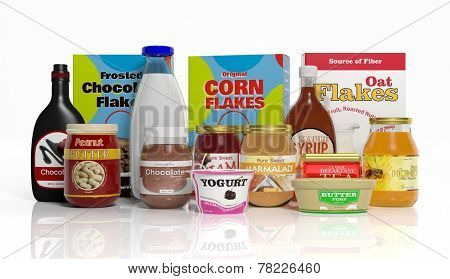 3D collection of packaged breakfast food isolated on white background 