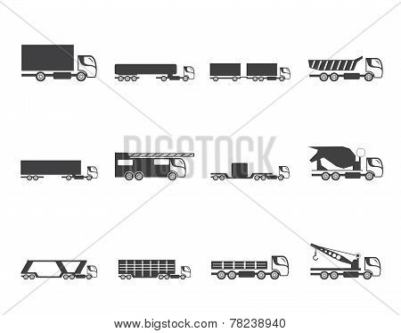 Silhouette different types of trucks and lorries icons