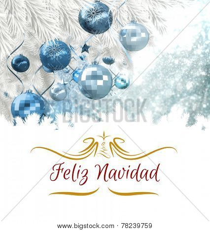 border against christmas tree branch with blue decorations