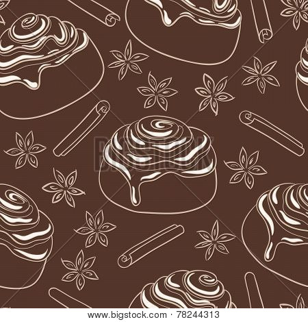 Seamless pattern with cinnamon rolls with frosting and spice